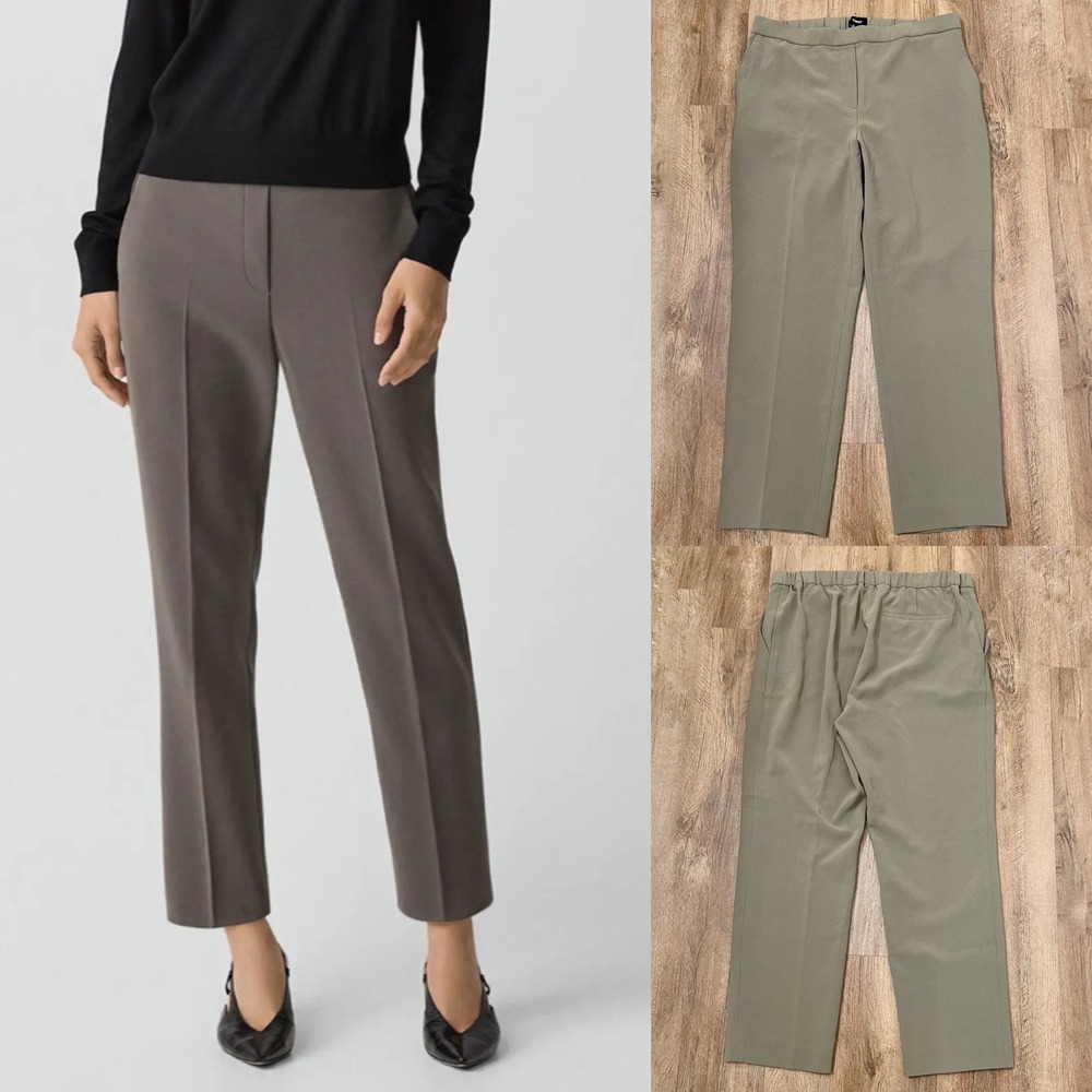 Theory Treeca Size 8 Sage Green Elastic Back Pull On Straight Leg Trousers Pants